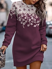 levne Mikina a šaty s kapucí-Dámské mikinové šaty mini šaty volné šaty dovolená běžné škola venkovní dovolená běžné střih květinová grafika dlouhý rukáv kulatý výstřih červená modrá zelená podzim zima