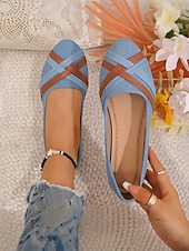 cheap Women&#039;s Flats-Women&#039;s Dark Blue Denim and Faux Leather Crisscross Flats – Vintage-Inspired Casual Ballerina Shoes for Daily Wear &amp; Weekend Styling