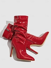 levne Slouch Boots-Dámské červené lakované kotníkové boty na jehlovém podpatku z umělé kůže se zapínáním na zip - stylová obuv na podpatku pro každodenní nošení, do nočních klubů i na diskotéku