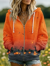 baratos Sweatshirt e Hoodie de Halloween-Mulheres Moletom com zíper Gráfico Caveiras Abóbora Moda Casual Manga Longa Com Capuz Tops regulares Rua Dia a Dia Zíper Bolsos Imprimir Preto Vermelho Laranja Marron Cinzento Primavera Outono Inverno