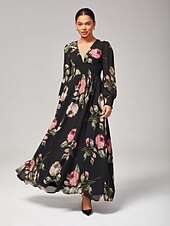 economico Abiti da festa-Abito per invitati in chiffon con volant floreale e maxi scollo a V. Abito per invitati