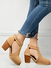 baratos Botas de tornozelo-Botas femininas de camurça bege com recorte no tornozelo e salto bloco - perfeitas para passeios casuais, moda primavera e outono e uso diário elegante