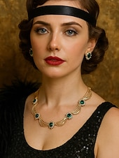 baratos Colar Feminino-Conjunto de joias femininas para festa Gatsby - colar e brincos de cristal verde banhados a ouro com estilo art déco vintage dos anos 1920 para fantasias retrô e eventos noturnos
