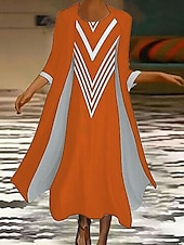 billige Stripete og geometrisk kjole-Dame Kjolesett Maxikjole Skiftkjole Sommerkjole Fritid Grafisk Geometrisk Multi Layer Trykt mønster Maxikjole 3/4 ermer Crew-hals Daglig Svart Blå Oransje Vår Høst Løstsittende