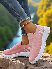 levne Dámské tenisky-Dámské růžové flyknit nazouvací tenisky s bílou podrážkou – ležérní lehká vycházková obuv na fitness, cestování i každodenní nošení