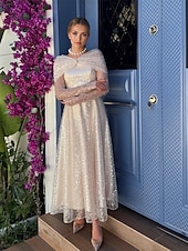 billiga Långa klänningar och gowns-A-linje Cocktailklänningar Elegant Formell klädsel Formell Bröllop Telång Långärmad Över axeln Spets med Veckad 2025