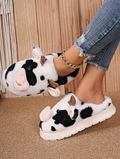 ieftine Flip-Flops de Damă-Papuci drăguți de pluș pentru femei, cu model de vacă, cu design 3D cu animale și căptușeală moale – pantofi confortabili de iarnă pentru casă și cadouri de sărbători