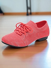 economico Scarpe da ballo allenamento-scarpe da ballo professionali da donna - scarpe da jazz e da allenamento in Flyknit rosa corallo con lacci, tacco basso, design leggero e traspirante per spettacoli di ballo da sala, latino e sul