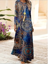 preiswerte Boho Kleid-Damen Maxikleid Shiftkleid A Linie Kleid Lässig Boho Täglich Date Ausgehen Normale Passform Blumen Grafik Batik Langarm Rundhalsausschnitt Blau Frühling Herbst Winter