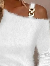 abordables Couleurs unies-Pull femme pull sweat-shirt duveteux confortable t-shirt uni côtelé tricoté décontracté manches longues une épaule hauts quotidien sortie week-end