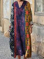 halpa Boho-mekot-Naisten Maksimekko Kesämekko A linjainen mekko Vapaa-aika Boheemi Pyhäpäivä Loose Fit Kuvitettu Geometrinen Pitkähihainen V kaula-aukko Punastuvan vaaleanpunainen Sininen Purppura Apila Kesä Kevät