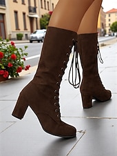 abordables Bottes à la mode-bottes à lacets en daim marron pour femmes - bottes mi-mollet vintage modernes avec talons épais pour la mode de tous les jours, les promenades d&#039;automne et les costumes à thème