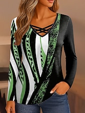 ieftine Tricou cu animale-Pentru femei Tricou Grafic Leopard Geometric Epocă Stilat Clasic Manșon Lung În V Topuri obișnuite Zilnic Eliminat Imprimeu Galben Albastru piscină Mov Trifoi Gri Primăvară Toamnă