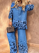 preiswerte Blusenanzüge für Damen-Damen Aktiv Mode Bluse Hosen-Sets Langarm Rundhalsausschnitt Leopard Patchwork Ausgehen Wochenende Schwarz Weiß Rote Herbst Normale Passform