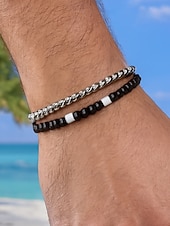 رخيصةأون مجوهرات رجالية-مجموعة أساور رجالية من الخرز الفيروزي والسلسلة الفضية - مجوهرات قابلة للتعديل على طراز شاطئ بوهو للملابس غير الرسمية والصيفية وملابس العطلات