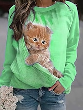 economico Animali Tops-Per donna Felpa Pullover Stampato Grafico Animale Gatto Casual Manica Lunga Girocollo Top Regolari Casuale Streetwear Ferie Blu Rosa Viola Arancione Verde Primavera Autunno Inverno