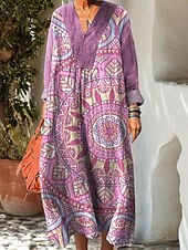 halpa Boho-mekot-Naisten Maksimekko Kesämekko A linjainen mekko Vapaa-aika Boheemi Pyhäpäivä Loose Fit Kuvitettu Geometrinen Pitkähihainen V kaula-aukko Punastuvan vaaleanpunainen Sininen Purppura Apila Kesä Kevät