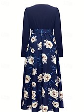 abordables Robes en chiffon-Femmes Robe Longue Maxi Robe Robe Imprimée Mode Extérieur Vacances Fête Coupe régulière Fleur manche longue Col en V Bleu Automne