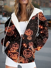 baratos Sweatshirt e Hoodie de Halloween-Moletons femininos com zíper para Halloween, estampa de abóbora, moda casual, manga comprida, com capuz, blusas regulares, moda urbana, uso diário, bolso com zíper, estampa, preto, amarelo, laranja,