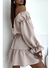 preiswerte Abschlusskleider-Damen Minikleid Schößchen Kleider Elegant Täglich Ferien Ausgehen Normale Passform Einfarbig Langarm Schulterfrei Schwarz Weiß Mauva Herbst