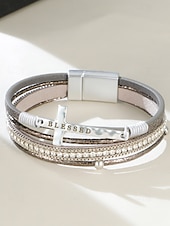 levne Dámský náramek-Dámský vícevrstvý náramek s křížkem a kamínky – inspirativní „požehnaný“ náramek z umělé kůže pro běžné nošení, do kostela i na zvláštní příležitosti