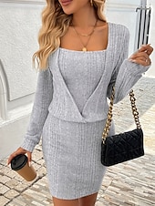 preiswerte Einfaches Kleid-Damen Minikleid Strickkleid Freizeitkleid Etui-Kleid Mode Outdoor Party Ferien Normale Passform Einfach Langarm Rundhalsausschnitt Hellgrau Herbst