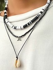Недорогие Мужские украшения-Мужской комплект из 3-х пляжных ожерелий: черные и белые бусины из смолы, подвеска из ракушек и цепочка из вощеной веревки — украшения в стиле серфера для лета, фестивалей и повседневных образов.