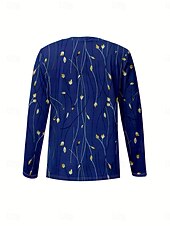 abordables T-shirt floral-Femmes T-shirt Fleuri Graphique Plantes ancien Élégant Classique manche longue Col en V Hauts Réguliers Quotidien Imprimé bleu marine Printemps Automne Hiver