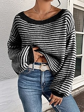 preiswerte Grafische Muster und Details-Damen Pullover Lässig Weich Gestreift Gerippt U-Boot-Ausschnitt Gestrickt Langarm Normale Oberteile Stricken Outdoor Täglich Wochenende Schwarz Rote Herbst Winter