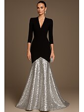 economico Vestiti da sera-abito da sera elegante a sirena con paillettes nere, oro e argento, abito formale da sposa, lunghezza al pavimento, manica a 3/4, scollo a V con pieghe 2025