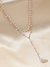 abordables Boda ACC-Collar con colgante de perlas en capas para mujer: elegante cadena de aleación en tono dorado con detalles de perlas de imitación para eventos formales, bodas y fiestas nocturnas.