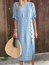 ieftine rochii imprimate din bumbac si in-Pentru femei Rochii Midi Rochie casual Rochie din in bumbac De Bază Modern Zilnic Sfârșit de săptămână Fit regulat Simplu Lungime Manșon 3/4 Stil Nautic Negru Galben Albastru piscină Maro Var