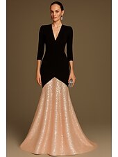 economico Vestiti da sera-abito da sera elegante a sirena con paillettes nere, oro e argento, abito formale da sposa, lunghezza al pavimento, manica a 3/4, scollo a V con pieghe 2025