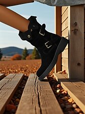 abordables Bottines-Bottes mi-mollet en daim pour femmes avec sangles à boucle, chaussures à talons bas confortables de style rétro décontracté pour le streetwear urbain et les tenues de tous les jours