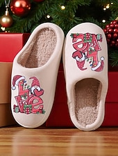 ieftine Flip-Flops de Damă-Papuci de Crăciun bej pentru femei, cu căptușeală plușată și imprimeu festiv cu dragoste – pantofi de iarnă confortabili pentru interior, pentru sărbători, acasă și cadouri