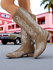 levne Cowboy &amp; Western Boots-Dámské kovbojské boty v westernovém stylu do poloviny lýtek – červená umělá kůže s bílou výšivkou, boční zip a nízký podpatek, ideální na country festivaly, rodeo outfity a ležérní podzimní streetwear.