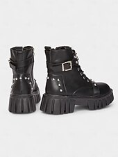 abordables Bottes motard-bottes motardes cloutées en similicuir noir pour femme avec semelle plateforme épaisse et fermeture éclair latérale &amp;Bottines à boucle style punk pour ados et femmes, idéales pour les concerts et le