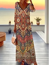 billiga Boho-klänning-Dam Midiklänning T shirtklänning A linjeklänning Semester Ledigt Boho Dagligen Helgdag Datum Normal Blommig Grafisk Geometrisk Långärmad V-hals Mörkbrun Vit Rostig röd Rubinrött Höst Vinter