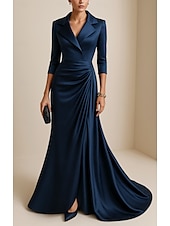 economico Vestiti da sera-Sirena / Tromba Abito da Sera Elegante Vestito Formale Matrimonio Lunghezza al pavimento Manica 3/4 Bavero Raso Elasticizzato con Pieghe Volant 2025