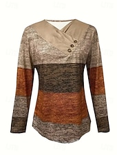 billige Stripe og geometrisk t-skjorte-Dame T skjorte Grafisk Geometrisk Årgang Stilfull Klassisk Langermet Crew-hals V-hals Vanlige topper Daglig Knapper Trykt mønster Asymmetrisk Blå Brun Vår Høst