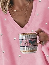 billige Solide farger-damegenser pullover-genser lodden koselig t-skjorte ensfarget ribbestrikket avslappet langermet v-hals topper daglig ute helg blonder rosa overdimensjonert høst vinter