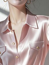 abordables Hauts Unis pour Femmes-Femmes Chemise Chemisier Uni Actif Élégant manche longue Col de chemise Hauts Réguliers Travail Sortir Avec Poches Boutons Rose Claire Automne