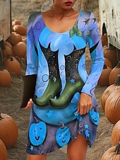 abordables Robe d&amp;#39;Halloween-Robe Mini Femme Halloween Col Rond Manches Longues Robe T Shirt Robe Tee Robe A Ligne Robe Décontractée Quotidienne Sortie Coupe Regular Graphique Citrouille Bleu Violet Orange Vert Automne Hiver