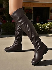 baratos Botas da moda-Botas femininas pretas acima do joelho - botas de couro sintético de cano alto com sola de argola para roupas casuais e de rua no outono e inverno