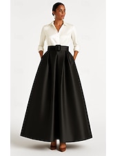 economico Abiti da Sera a Linea A-abito da sera a trapezio bianco e nero elegante abito formale da sposa lungo fino al pavimento manica a 3/4 colletto camicia in raso elasticizzato con pieghe 2025