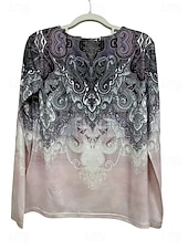 billige Boho t-skjorte-Dame T skjorte Grafisk Planter Stamme Årgang Stilfull Fritid Langermet V-hals Hals med hakk Vanlige topper Daglig Helg Trykt mønster Blå Lilla Vår Høst Vinter