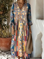 preiswerte Streifen- und geometrische Kleider-Damen Maxikleid Sommerkleid A Linie Kleid Urlaub Lässig Boho Party Ferien Strand Lässiger Schnitt Grafik Geometrisch Abstrakt Langarm V Ausschnitt Dunkelbraun Dunkelrot Rote Leicht Braun Frühling