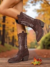 levne Cowboy &amp; Western Boots-Dámské semišové kovbojské boty s vyšívaným designem, westernové, s blokovým podpatkem do poloviny lýtek, retro styl, módní boty pro městské běžné nošení