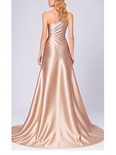ieftine Rochii de seară pentru bal-Rochie de seară elegantă tip sirenă rochie pentru invitate la nuntă lungime până la podea fără mâneci pe un umăr satin elastic cu plii