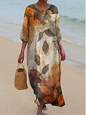 billiga Blommig klänning-Kvinnors Maxiklänning Kaftan 3/4 Lång Ärme Crew Neck Avslappnad Shift Klänning A-linjeformat Klänning Klänning Boho Daglig Semester Dejtdress Blommig Grafisk Mörk Gul Ljus Rosa Gul Ljus Grön